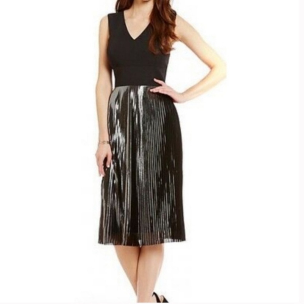Antonio Melani Cilan Stretch Metallic Crepe Dress Black Silver Size 6 NWT
